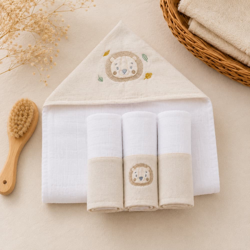 Kit Fraldas de Boca Bebê Menina Menino 3 Peças + Toalha de Banho com Capuz Bordado 100% Algodão Premium