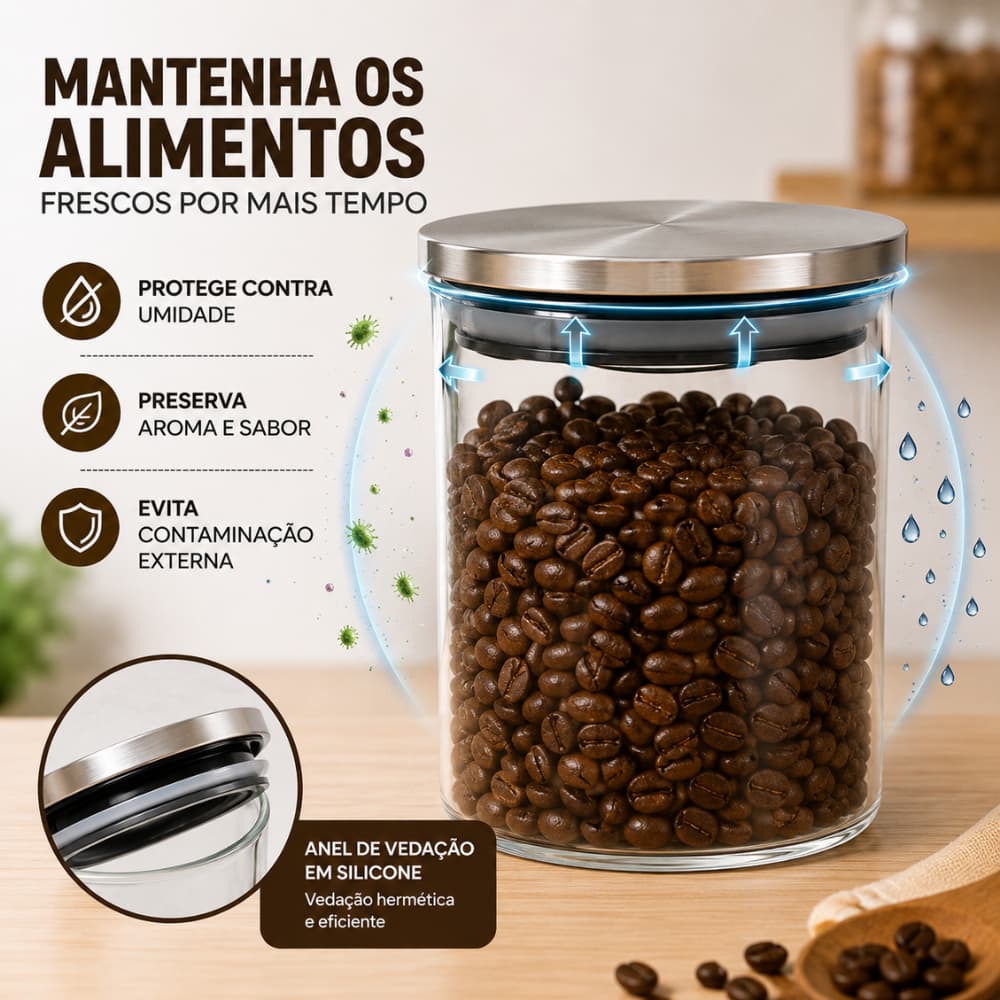 Kit 1 2 3 Pote De Vidro Com Tampa Inox 700ml Organizador Mantimentos Café Açúcar Cozinha Lavanderia