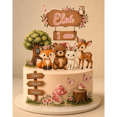 Topo de Bolo Bosque Encantado Personalizado ENVIAR Nome e Idade - Paper Topper Menina/Menino-camadas