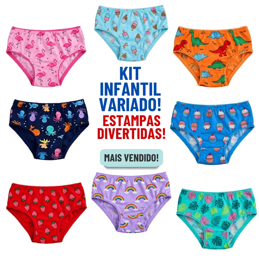 Calcinha Infantil Menina com forro Estampadas Kit 10-05 calsinhas Malha Macia Confortável P M G GG