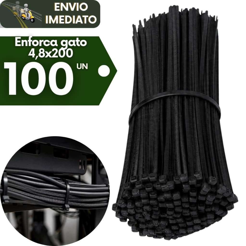 Kit 100 Abraçadeira de Nylon Enforca Gato Preta 4,8X200MM Trava Resistencia e Durabilidade Alta Qualidade