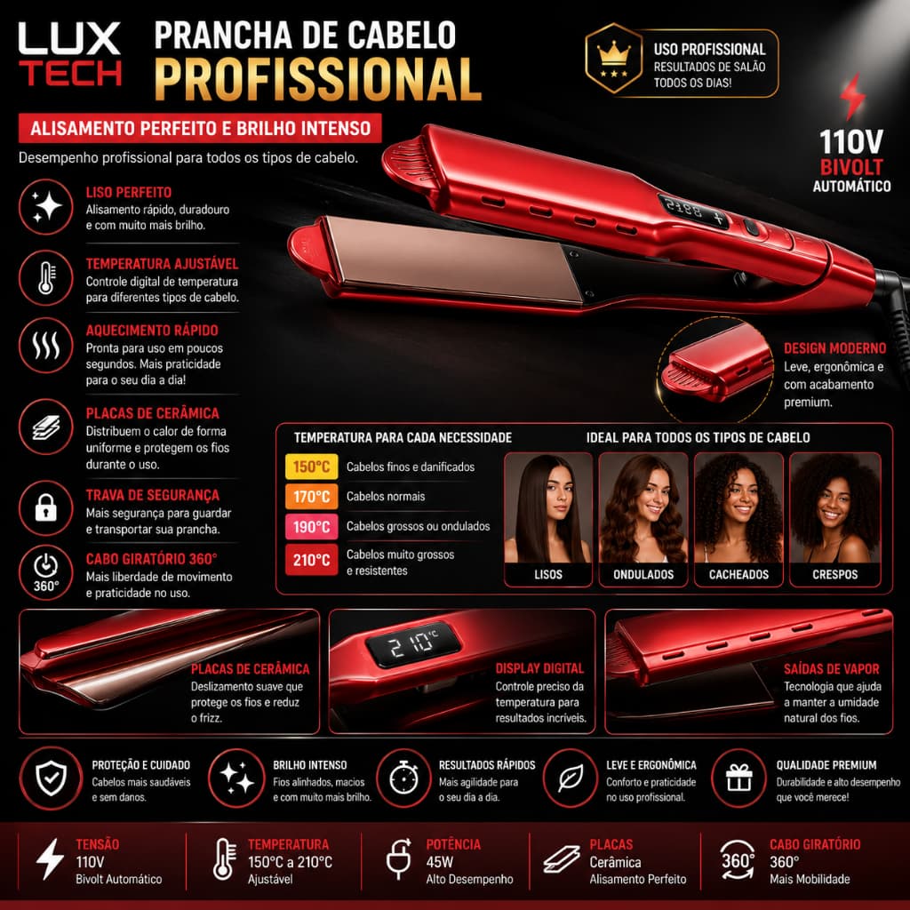 Prancha de Cabelo Alisadora Profissional Cabelereiro 110V