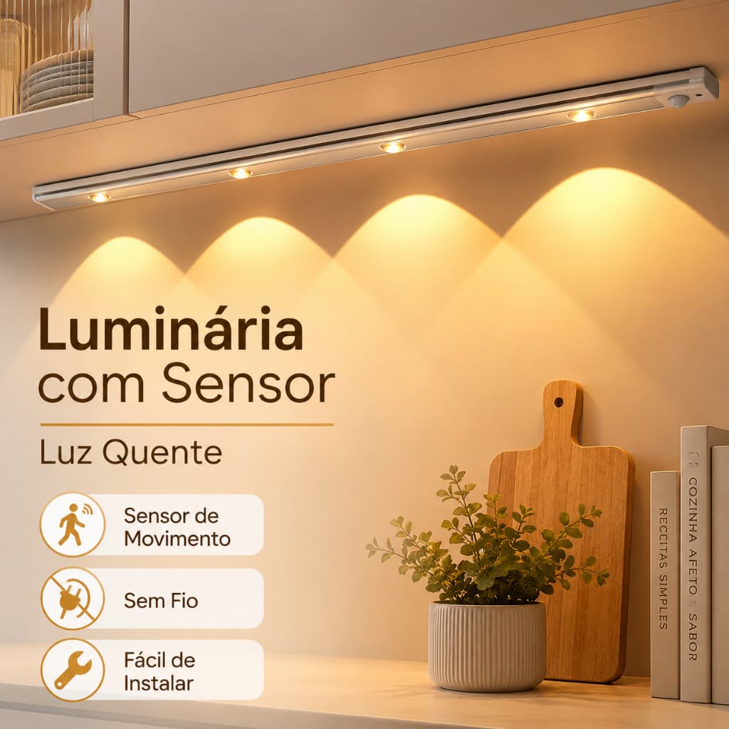 Luminária LED com Sensor 40 a 80cm Recarregável USB Sem Fio Branca ou Preta