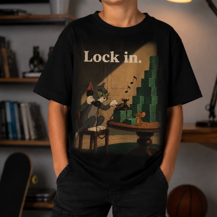 Camiseta Oversized Lock In Estampada Gato e Ratinho Manga Curta Casual
