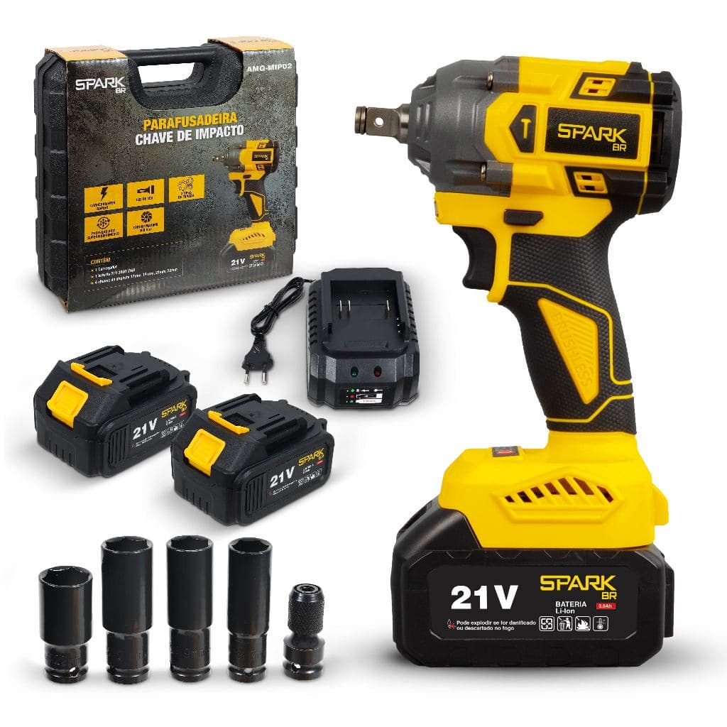Chave Impacto Brushless 21V Portátil Torque 350Nm SparkBR LED Indicador 2 Baterias 3000mAh Maleta 4 chaves
