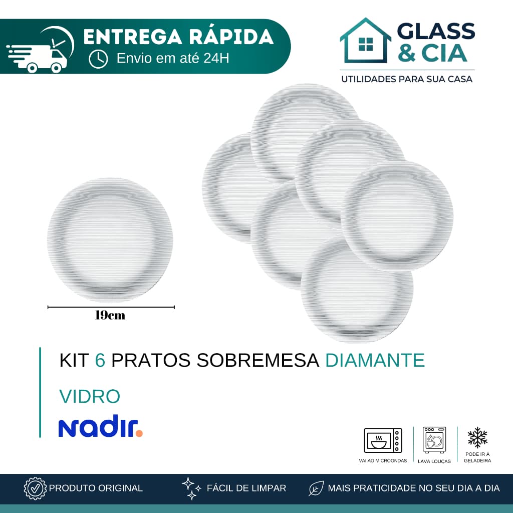 Kit 6 Pratos de vidro Diamante Sobremesa
