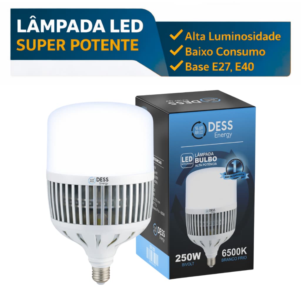 Lâmpada LED 250W Super Potente Branco-Frio Bivolt E27 + Adaptador E40