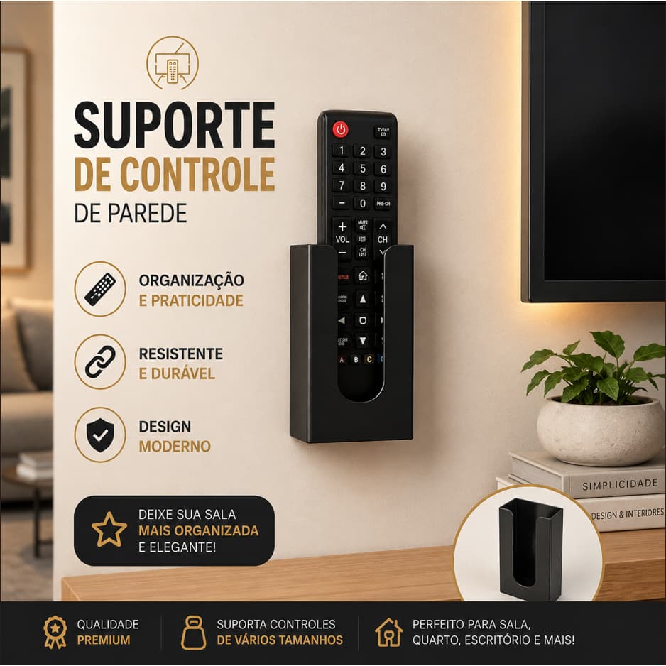 Suporte para Controle Remoto de TV | Organizador de Parede Universal | Porta Controle para Sala, Quarto e Escritório