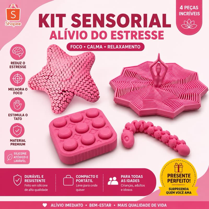 Kit Sensorial Fidget 3D com Estrela Flexível, Estrela Bailarina, Pop It e Minhoca Articulada | Autismo TEA