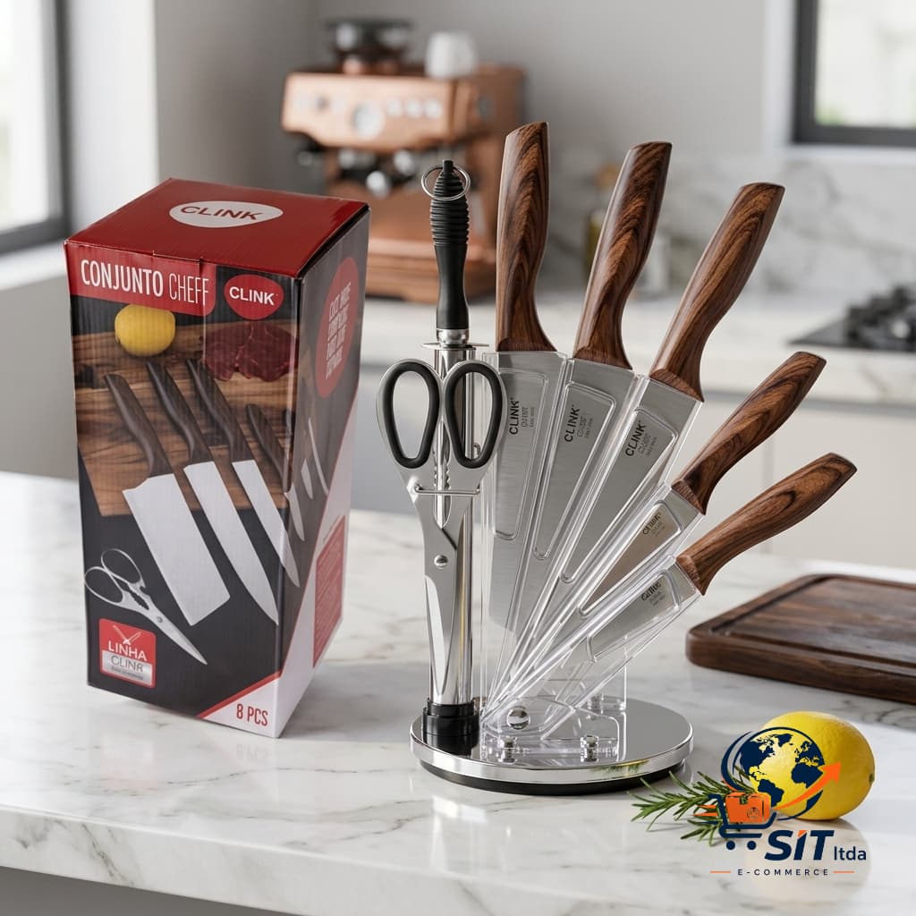 Kit Facas 8 Pcs Suporte Aco Inox E Plastico Pp 16 Cm X 16 Cm X 36,5 Cm
