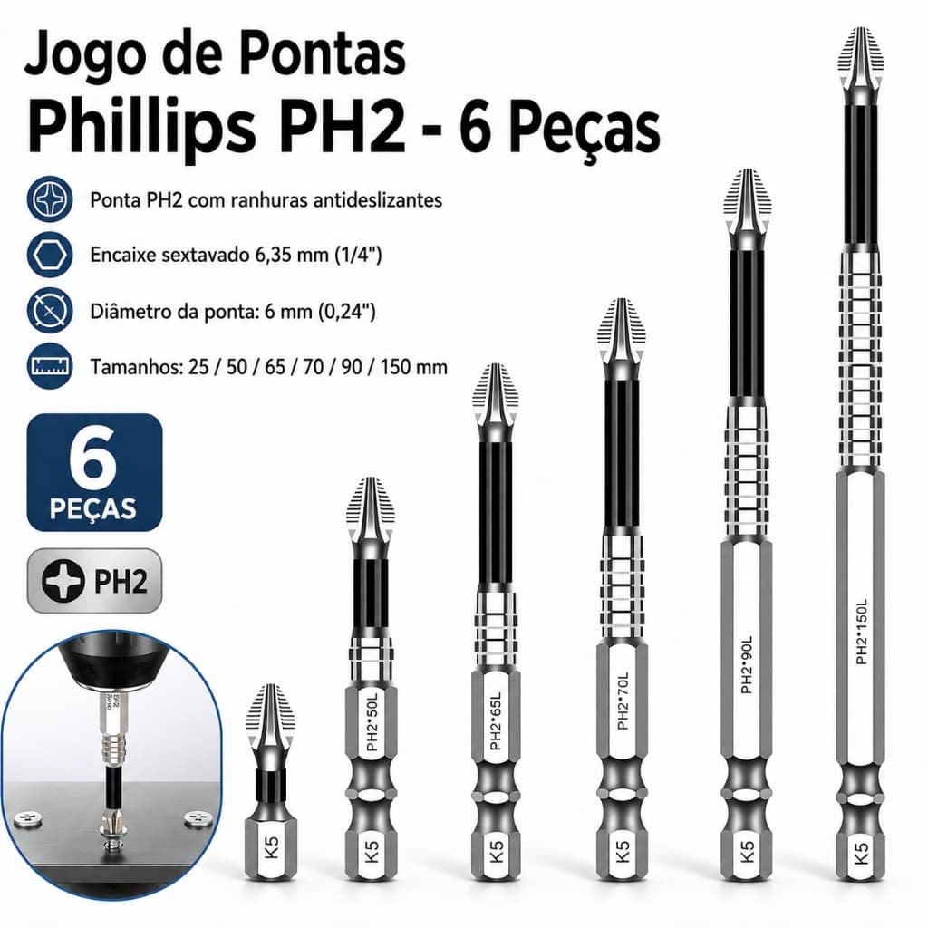 Kit 6 Pontas Phillips PH2 para Parafusadeira 1/4" Antideslizante 25 a 150 mm