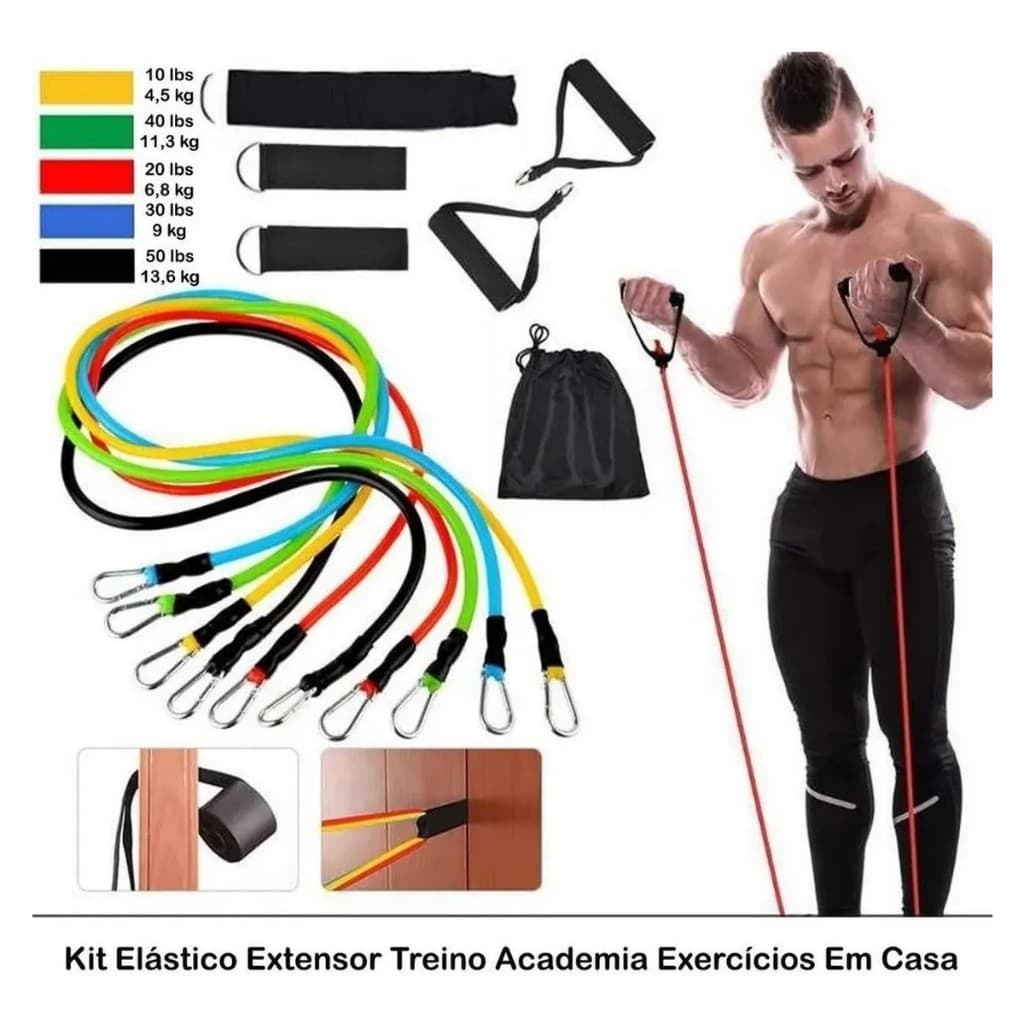 Kit 20 Itens Treino em Casa: 11 Elásticos Extersores + 5 Mini band + Hand Grip + Thera Band + CrossTube