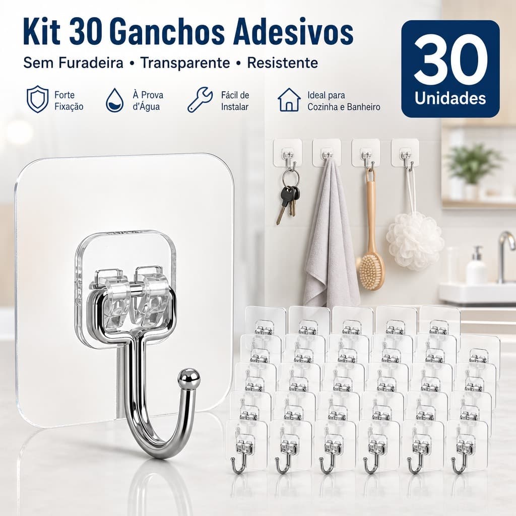 Kit 30 Ganchos Adesivos Transparente Sem Furo Para Parede Banheiro Cozinha Organizador Multiuso Resistente
