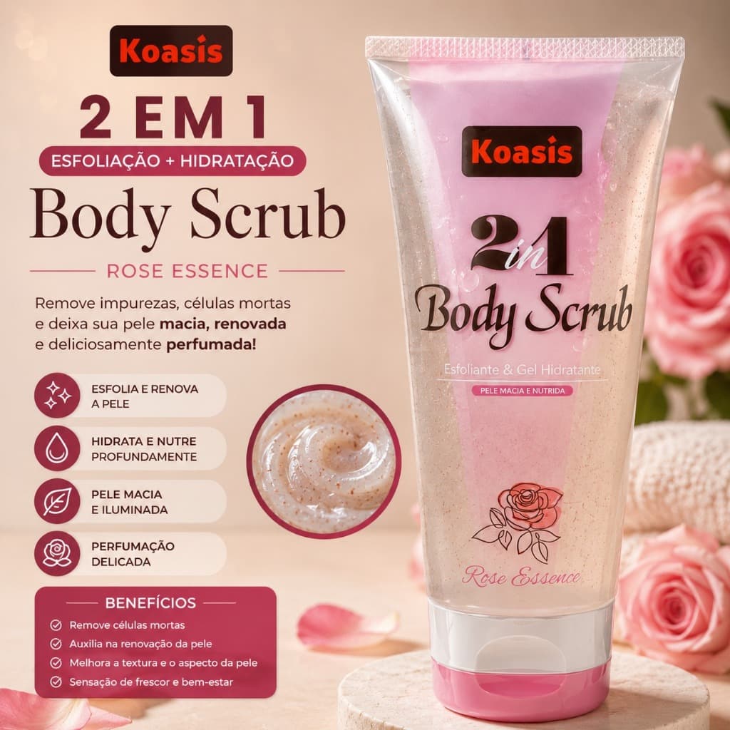 Esfoliante Corporal Koasis 2 Em 1 Body Scrub Rose Essence Gel Hidratante