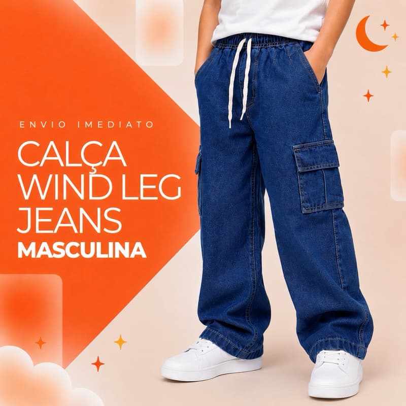 Calça Jeans Wide Leg Infantil Masculina menino Cargo com Elástico e Cordão