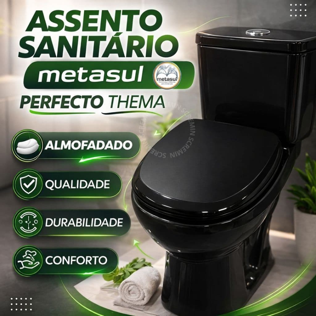 Assento Sanitário Almofadado Metasul Perfecto Thema Preto Confortável Resistente Fácil Instalação