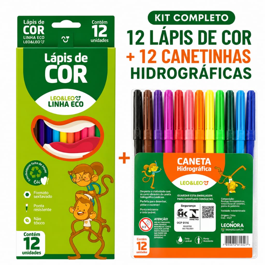 Kit Escolar Leo&Leo 12 Lápis de Cor + 12 Canetinhas Hidrográficas Coloridas Infantil