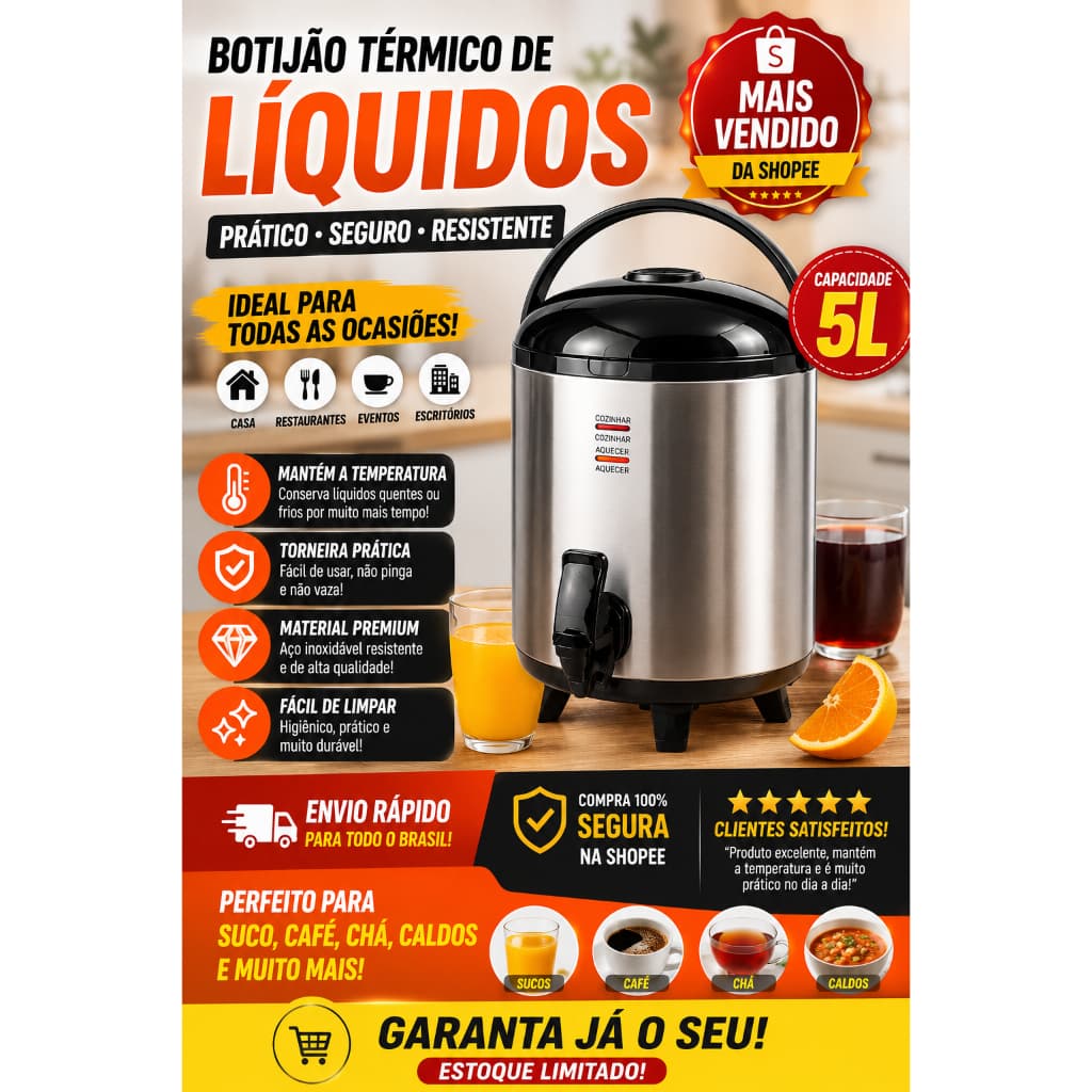 Botijão Térmico Inox 5 Litros Conservação Temperatura Alta Durabilidade Uso Doméstico Profissional