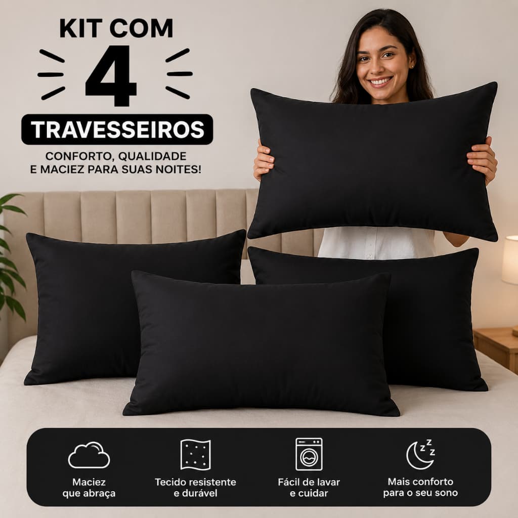 Kit 4 Travesseiro Fibra Mista Sintética e Espumas Tecido Tnt Preto