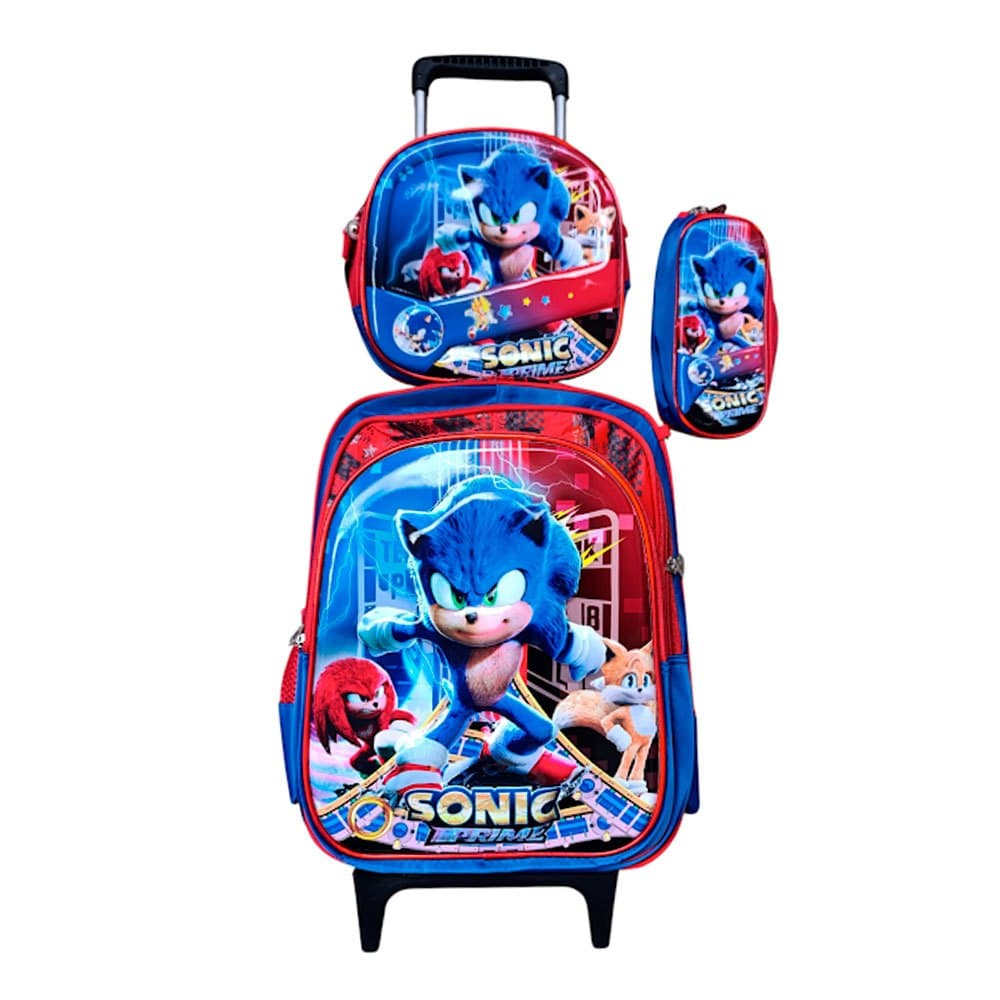 Kit Mochila do Sonic 3D Alto Relevo com Rodinhas + Lancheira Térmica + Estojo Escolar Infantil