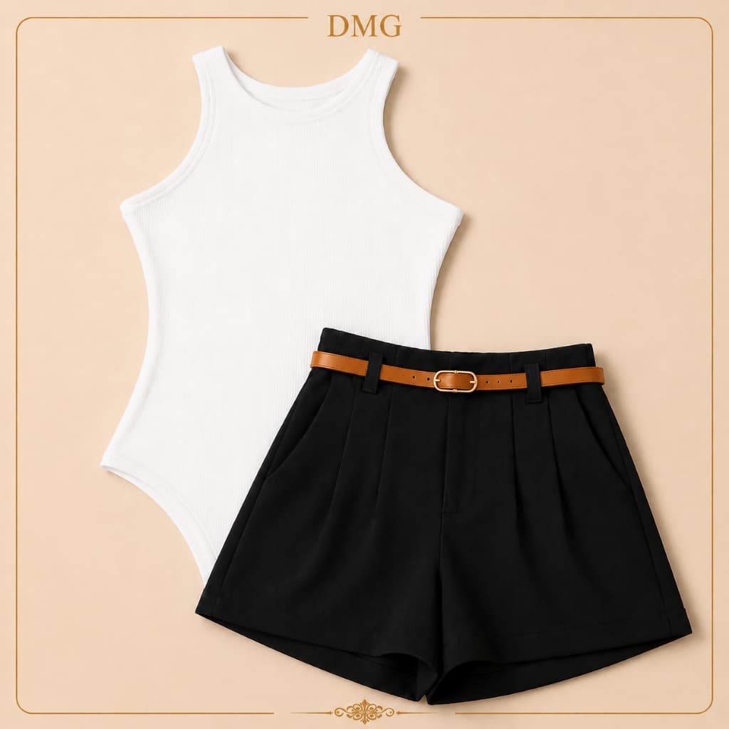 Conjunto Feminino Alfaiataria  Body Regata + Short com Cinto – Pronta Entrega ENVIO IMEDIATO !!!