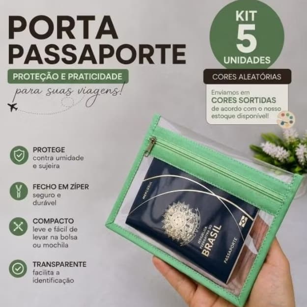 Kit com 5 nécessaires plásticas CORES ALEATÓRIAS 2 bolsinhos/Porta passaporte.
