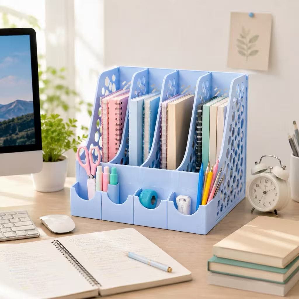 Organizador de Mesa - Porta-Papéis e Livros 3/4 Divisórias + Porta-Trecos - Cores Diversas + Figurinhas Adesivas