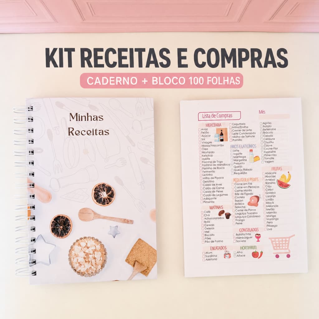 Kit Receitas e Compras Caderno de Receitas com Bloco Lista de Compras 100 Folhas