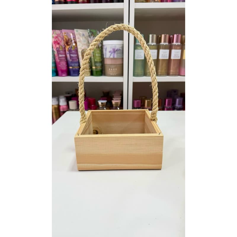 Cesta de Madeira Quadrada 16cm com Alça de Sisal Reforçada com Arame