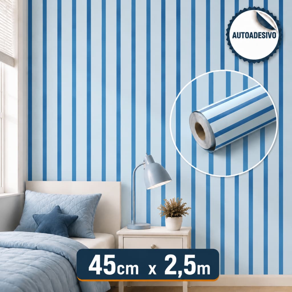 Papel de Parede Adesivo Listras Azul Infantil 2,5m Quarto Bebê Menino Autoadesivo Decoração