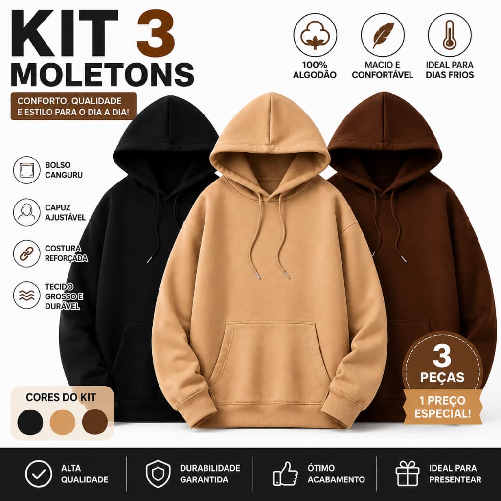 Kit 3 Moletom Canguru Capuz Bolso Blusa Frio Masculino Feminino Unissex Premium