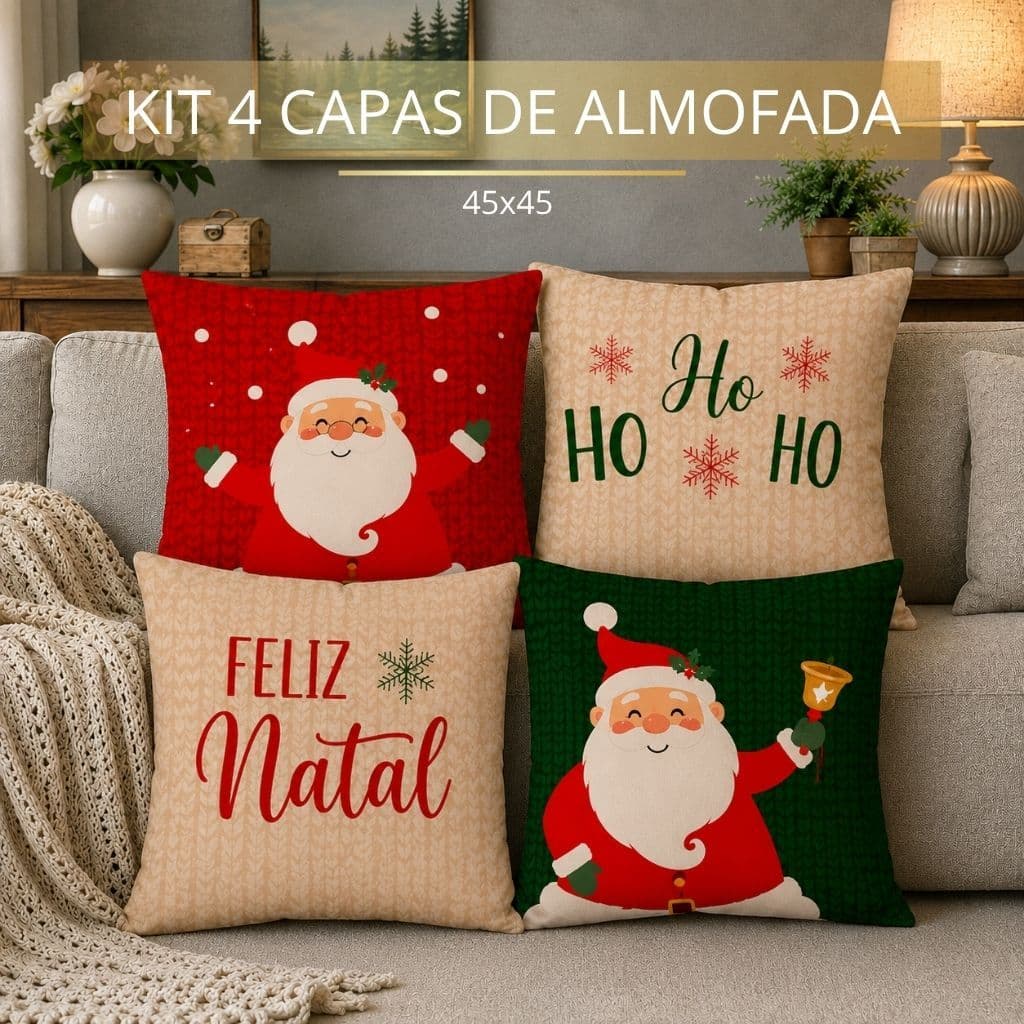 Kit com 4 Capas para Almofadas Natalinas Decoração Natal Papai Noel Ho Ho Ho 45x45 cm
