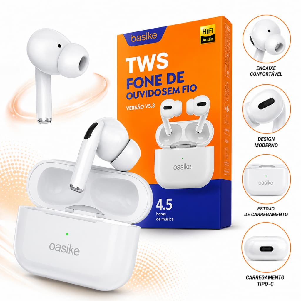 Fone de Ouvido Bluetooth TWS com Cancelamento de Ruído Basike
