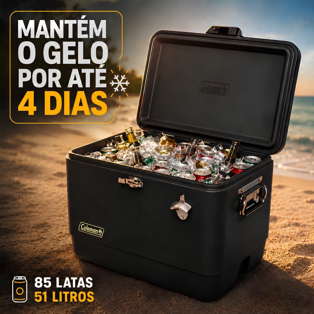 Caixa Termica 51L Coleman Preto Aço Inoxidável Cooler Termico Grande Com Alça Premium Camping Praia