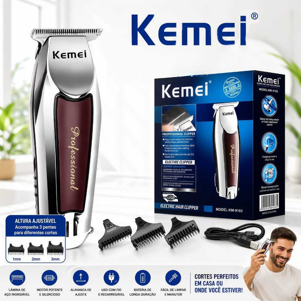Máquina de Acabamento Profissional Kemei-9163 para Barba e Bigode, ideal para barbearias