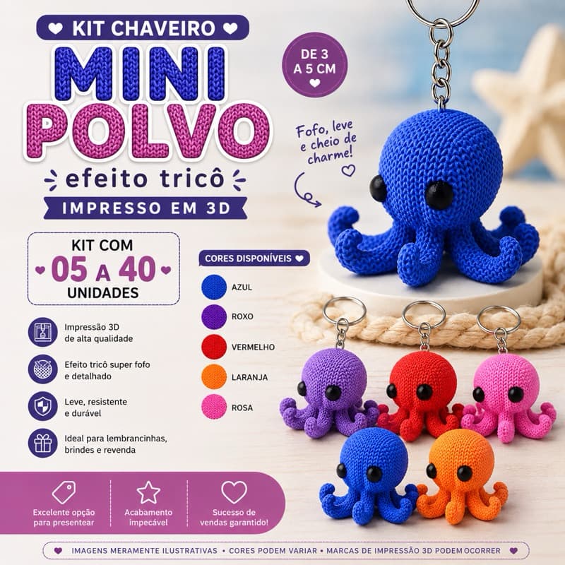 Kit Chaveiros Polvo 05 a 40 Unidades Efeito Tricô em 3D de 3 a 5cm | Lembrancinhas | Decoração | Colecionável