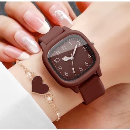 2 Peças Moda Quadrada Feminina Relógio Pulseira De Silicone
