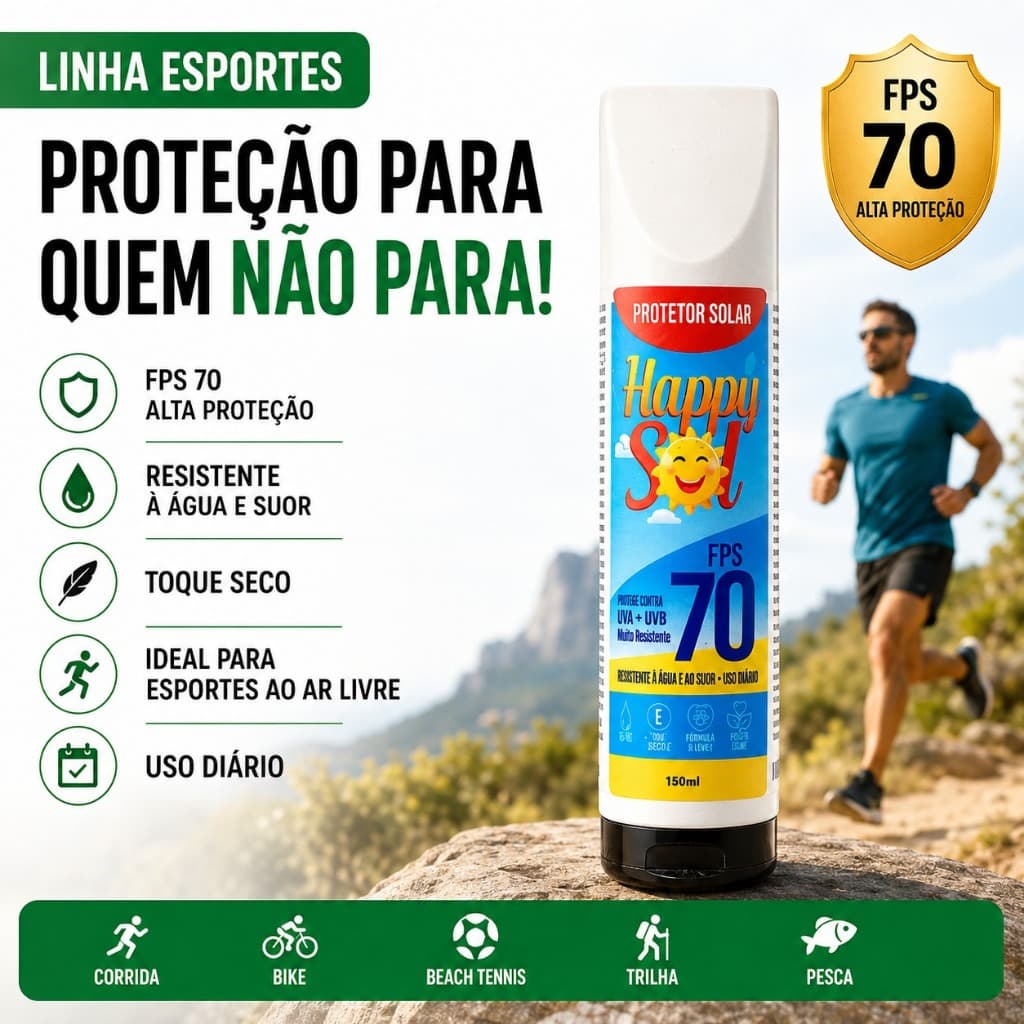 Protetor Solar 70 FPS 150 ml com toque seco Happy Sol Corporal Rosto Proteção UV Fator 70