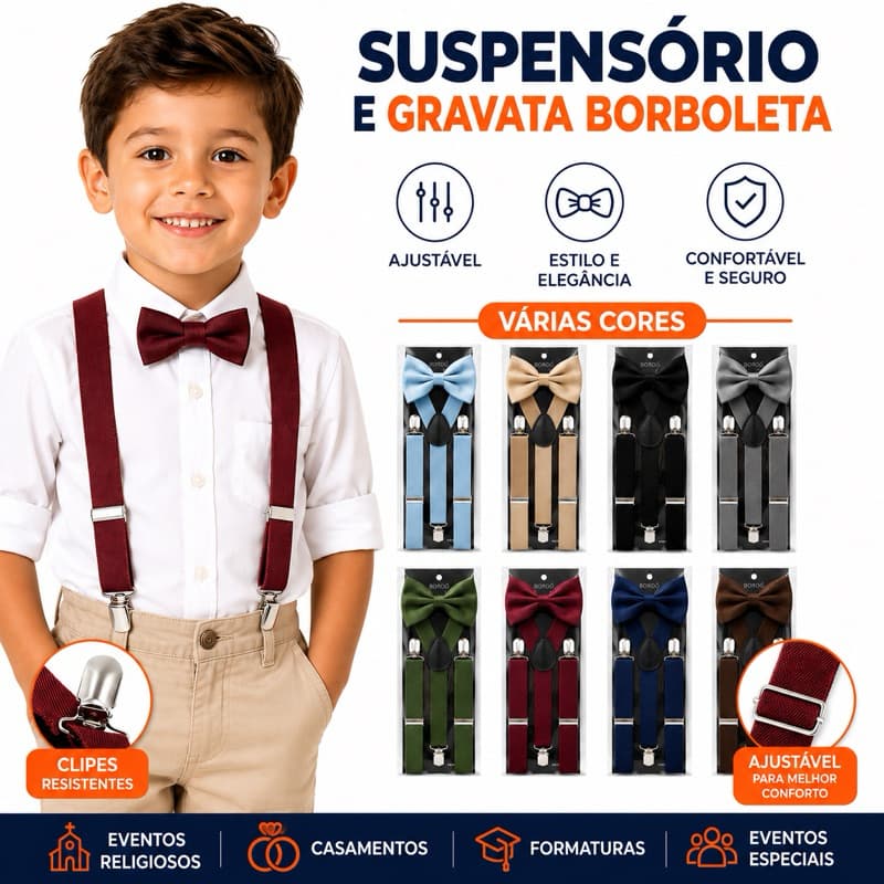 Kit Suspensório e Gravata Borboleta Infantil Ajustavel - Várias Cores - Casamento, Pajem e Igreja