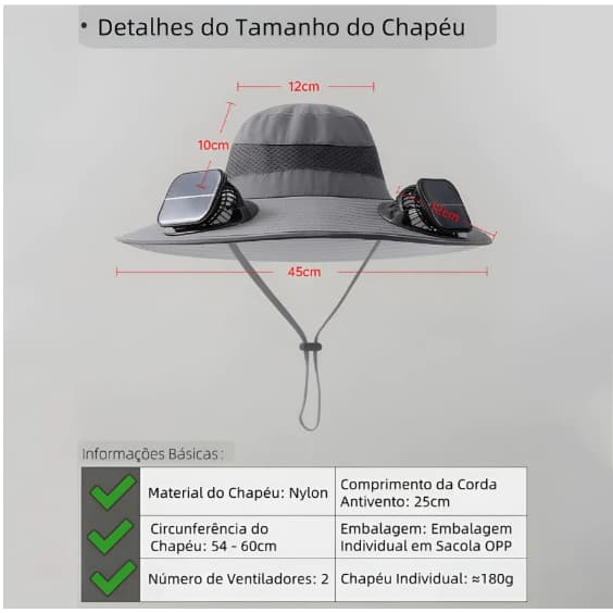 Chapéu com 2 ventiladores alta ventilação movidos a energia solar e recarregáveis por USB proteção UV protedor Solar