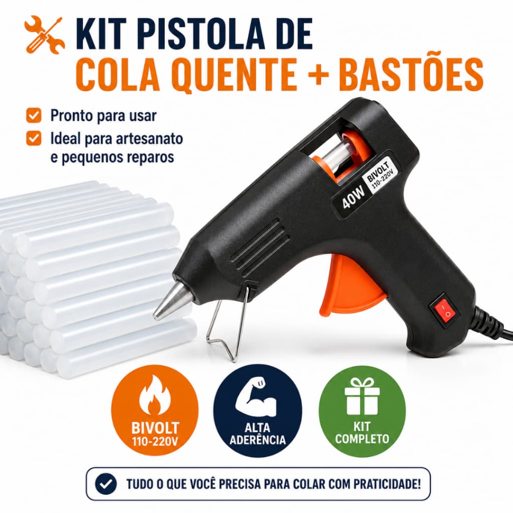 Kit Pistola Cola Quente 40W Bivolt e Bastões Cola Quente 10 20 ou 50 Unidades Artesanato Reparo EVA