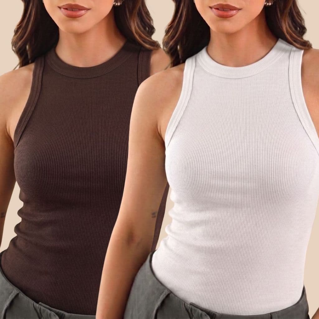 Kit 2 Regatas Caneladas Feminina Ribana Versátil Premium Camiseta Básica Blusinha