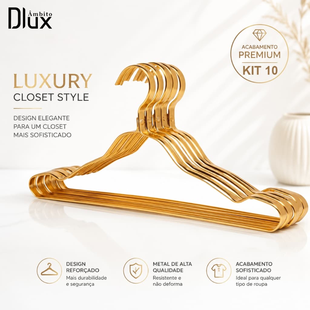 Ambito Dlux Kit 10 Cabide Dourado Luxo Para Closet Guarda Roupa Organização De Roupas Com Acabamento Premium