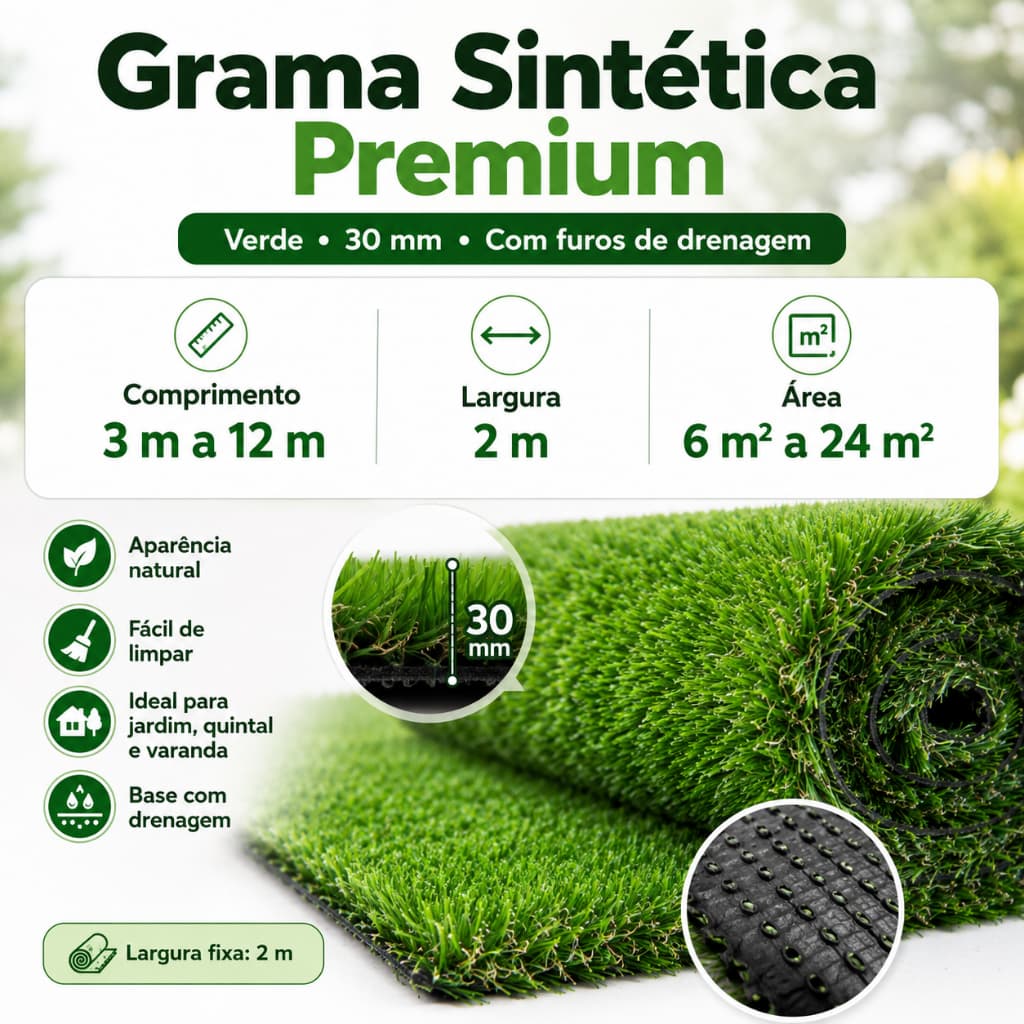 Tapete de grama artificial premium verde de 3 m x 2 m a  12m x 2 m（6㎡ a 24㎡）, 30 mm, com orifício de drenagem.