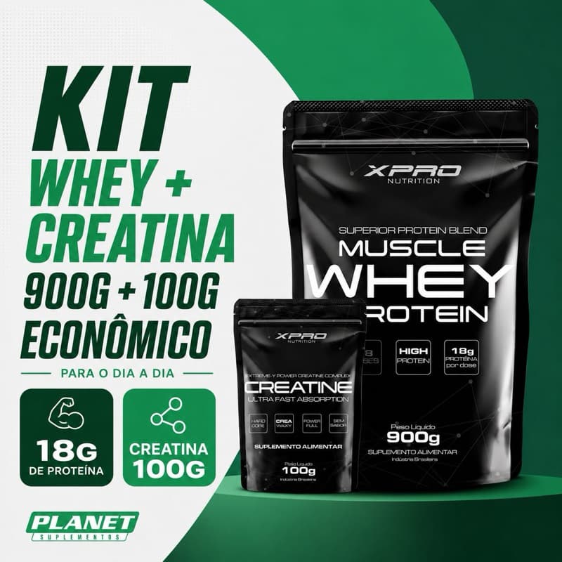 Kit Whey Protein 900g + Creatina 100g Ganho de Massa Recuperação Muscular Economia