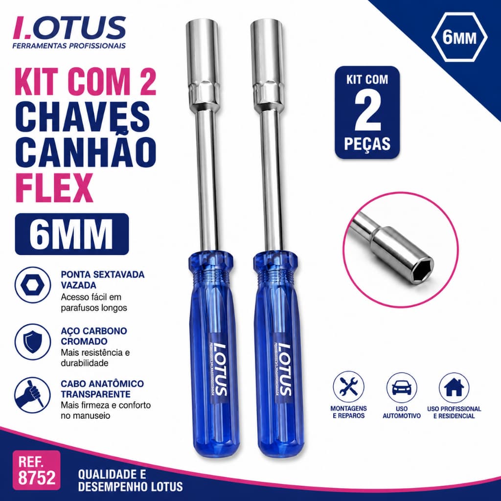 KIT Com 2 Chaves Canhão Flex 6mm Profissional Aço Cromado | 8752