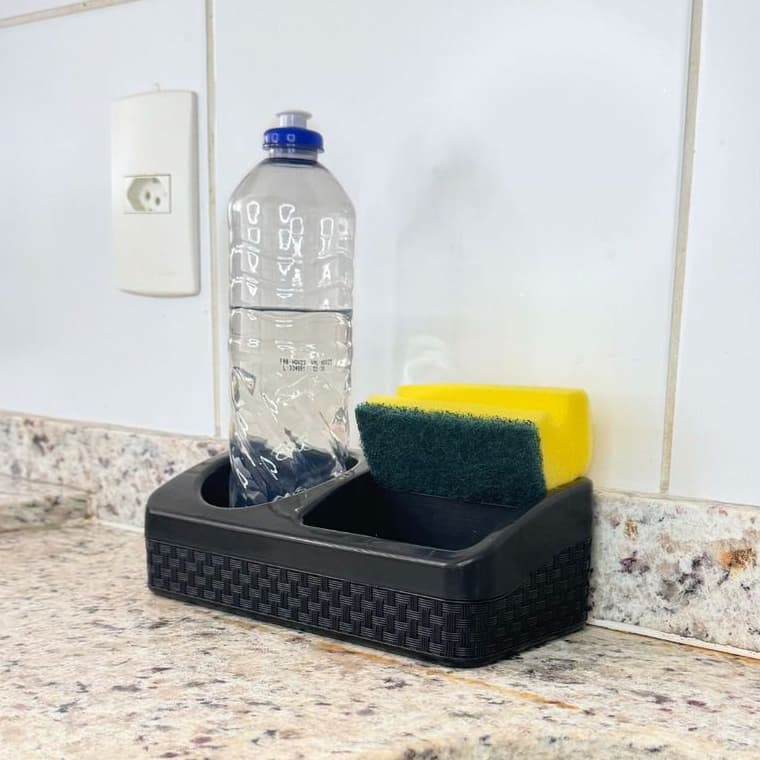Porta Detergente, Esponja e Sabão Rattan Preto com Base