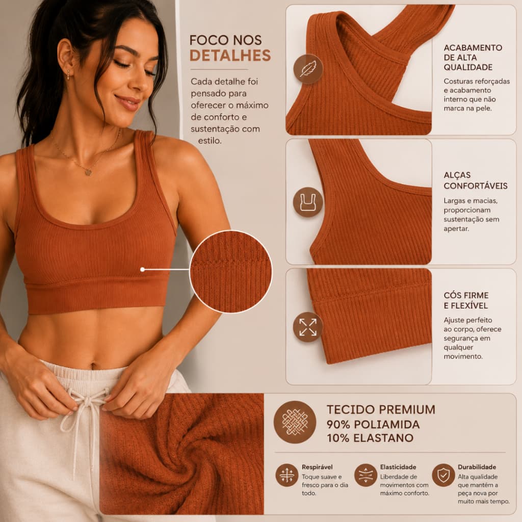 Top cropped feminino sem costura com Bojo textura canelada para treino