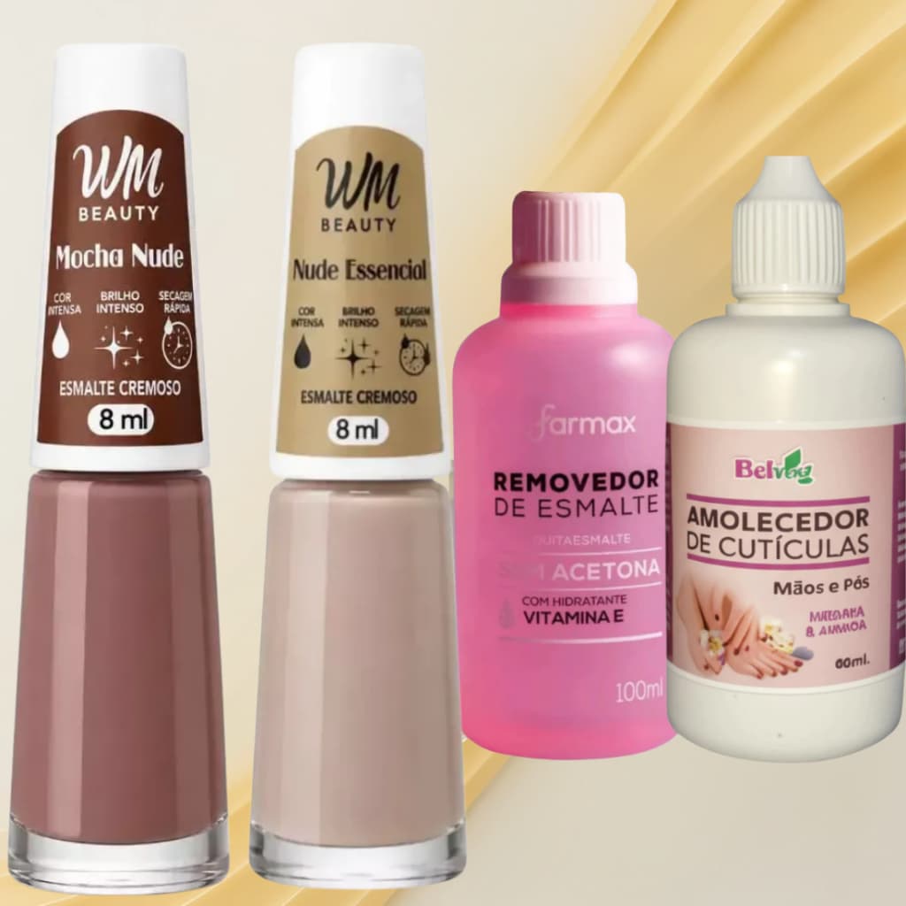Kit Removedor de Esmaltes Amolecedor de Cutículas e 2 Esmaltes Nude Unhas wm