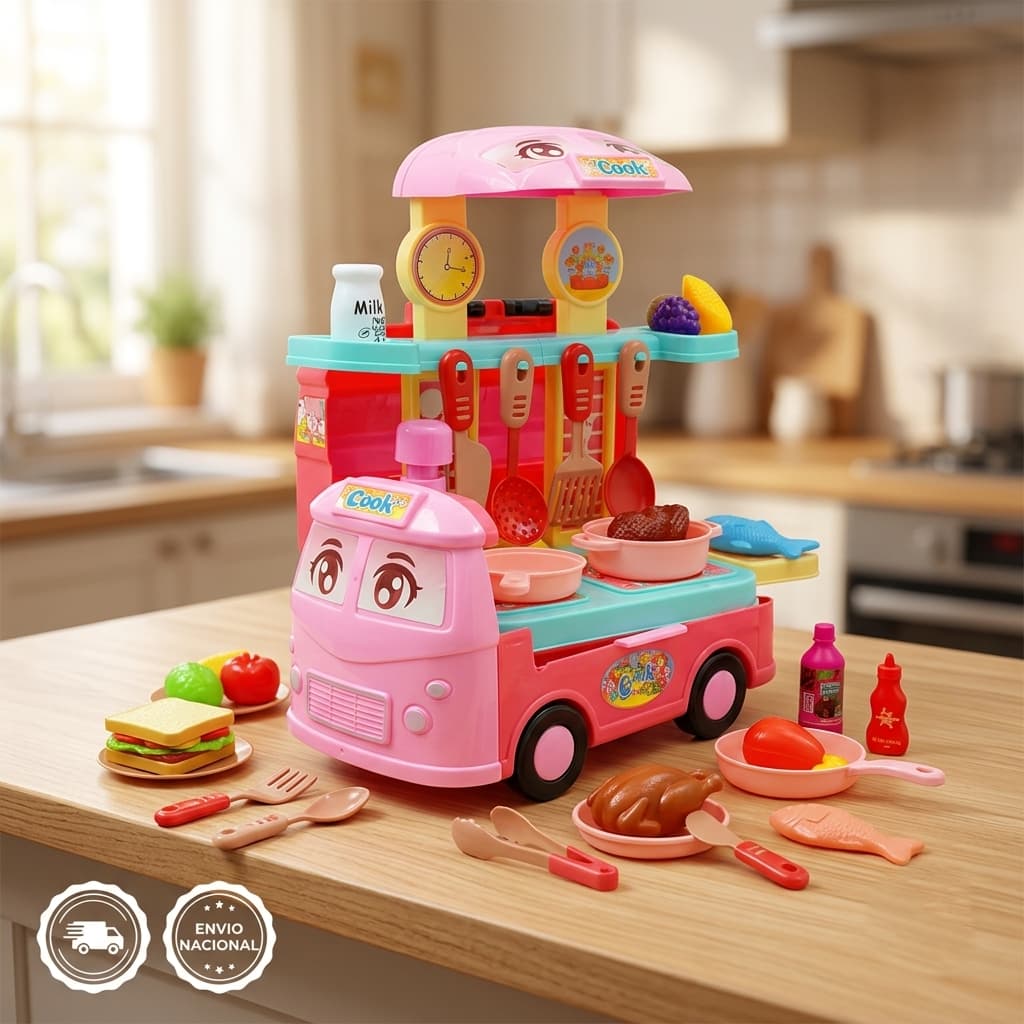 brinquedo Kit Cozinha de Montar Maleta Ônibus 31 Peças - Vira Food Truck e Bancada